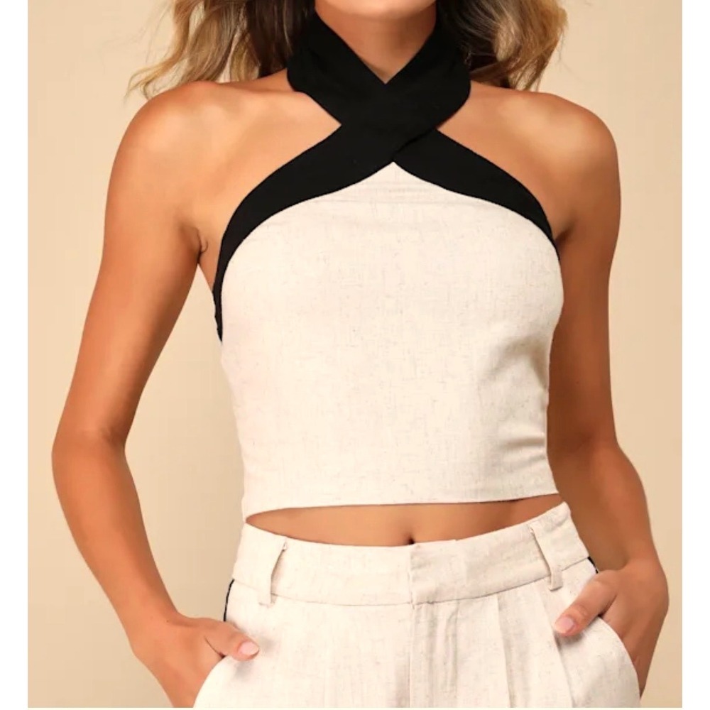 Lulus Exceedingly Cool Beige Black Linen Blend Crisscross Halter‎ Crop Top S NWT